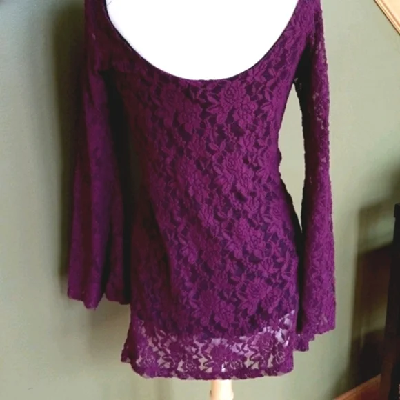Elan Boho Bell Sleeve Scoop Back Lace Tunic Top Large - Picture 7 of 11